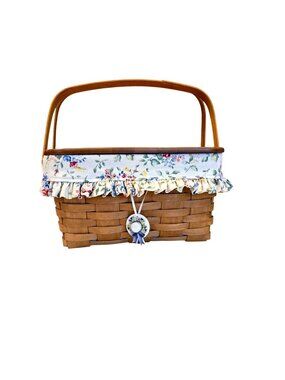 Vintage Longaberger Handwoven Square Pie Cake Basket with Riser Spring Floral Li